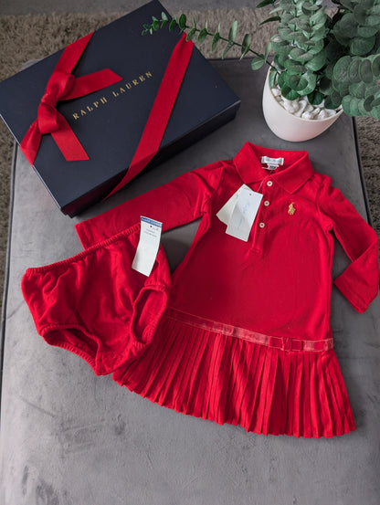 New Ralph Lauren Pleated shirt dress Red Bow 9-12m Occasion Formal Tennis Gift