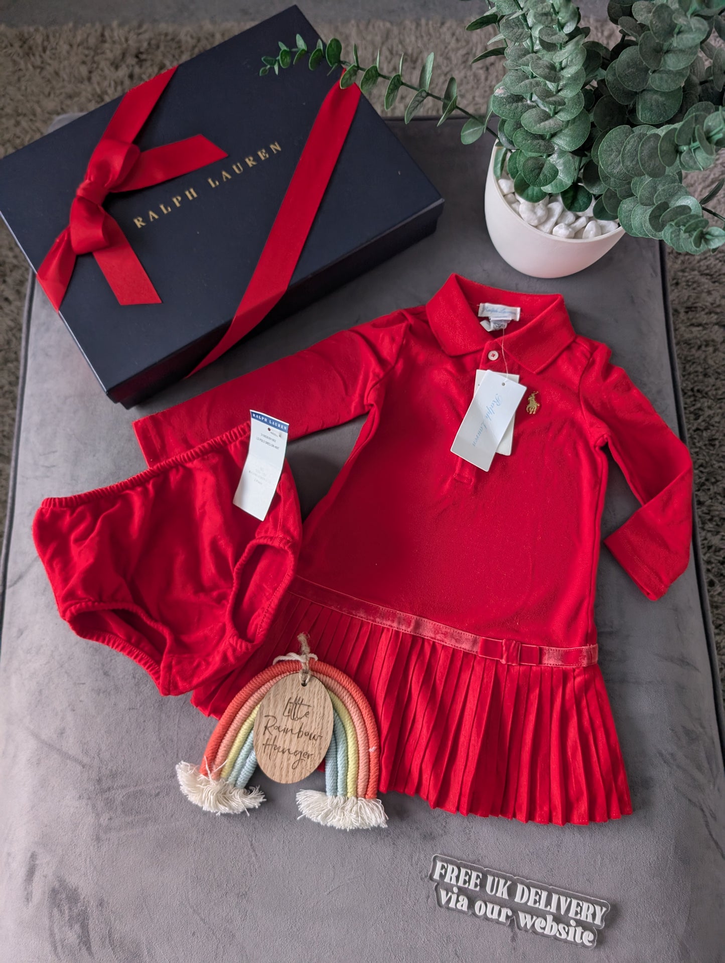 New Ralph Lauren Pleated shirt dress Red Bow 9-12m Occasion Formal Tennis Gift