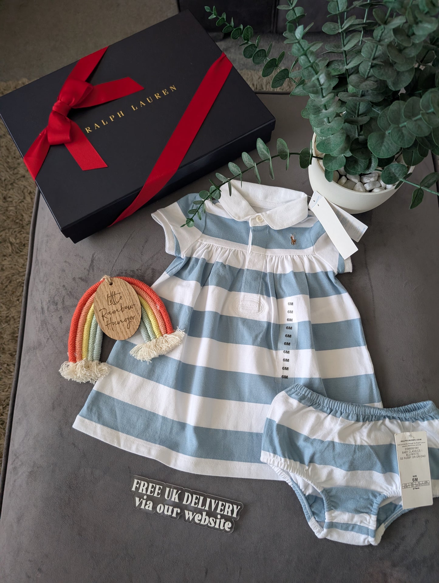 New Stunning Ralph Lauren Baby Girls Blue Cute  Stripe Dress + Bloomer 3-6m Gift