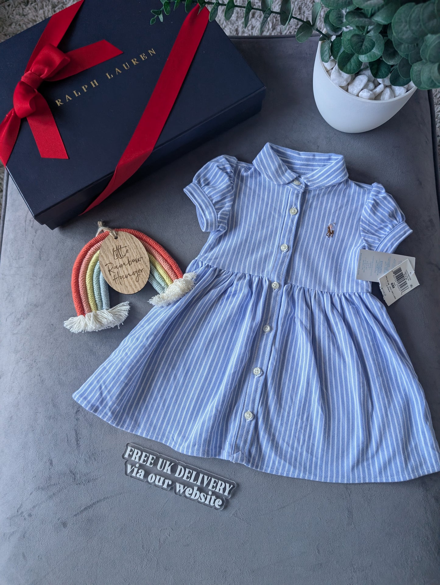 New Ralph Lauren Baby Girl Oxford Mesh Dress Blue Stripe Pretty Cute 3-6m Gift