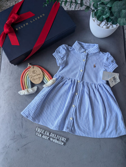 New Ralph Lauren Baby Girl Oxford Mesh Dress Blue Stripe Pretty Cute 3-6m Gift