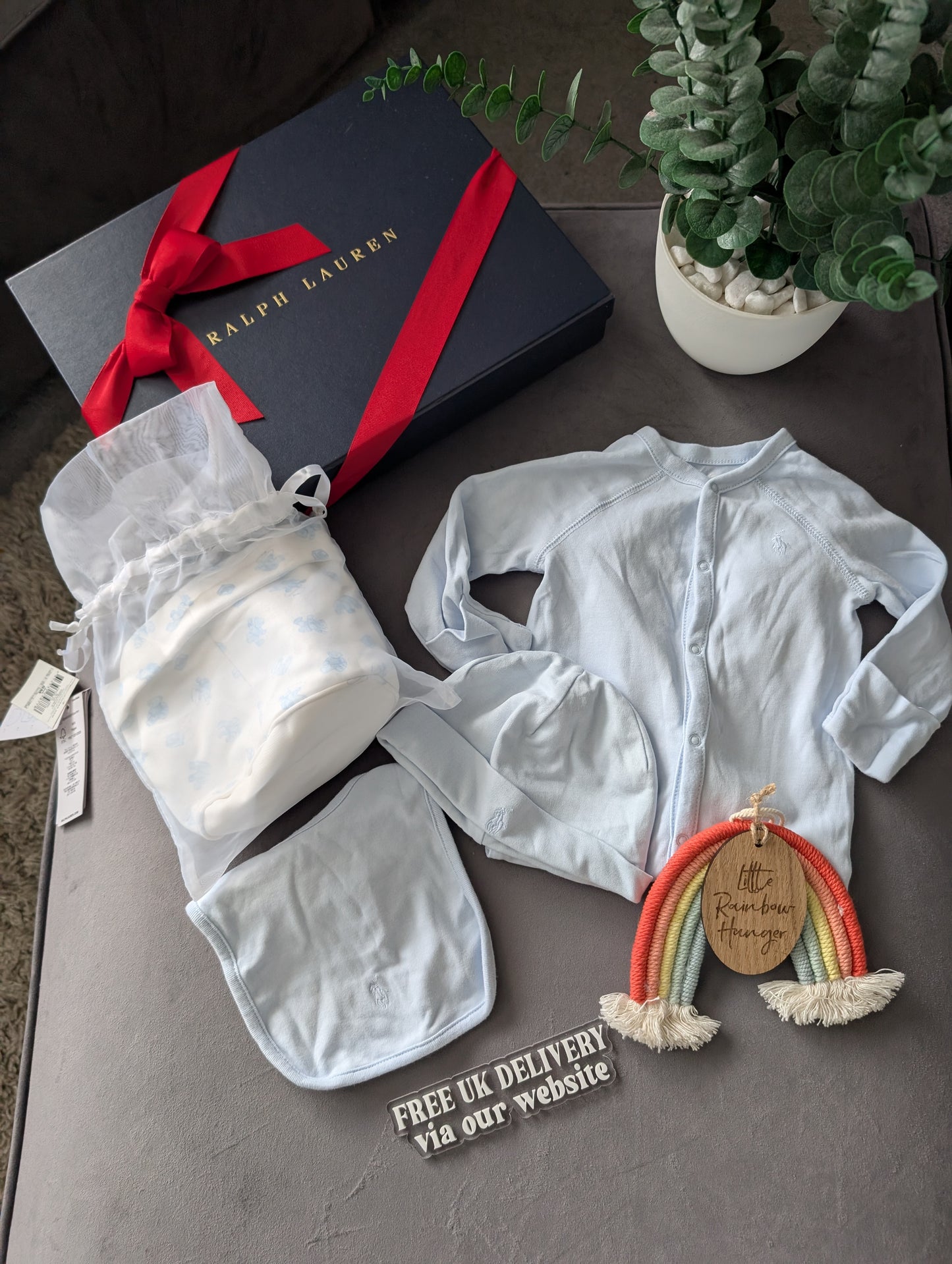 New Ralph Lauren Baby Boy Gift Set Basket Bear Romper Hat + Bib 3-6 Gift 4pc