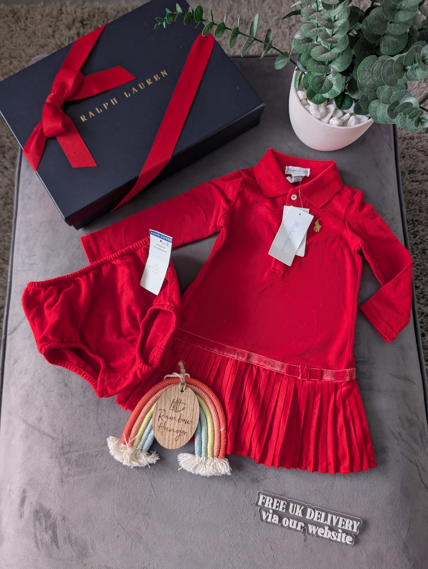 New Ralph Lauren Pleated shirt dress Red Bow 9-12m Occasion Formal Tennis Gift