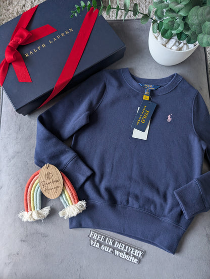 New Girls Ralph Lauren Navy Pink Pony Embroidery Basic Jumper 6-7yr Smart Casual