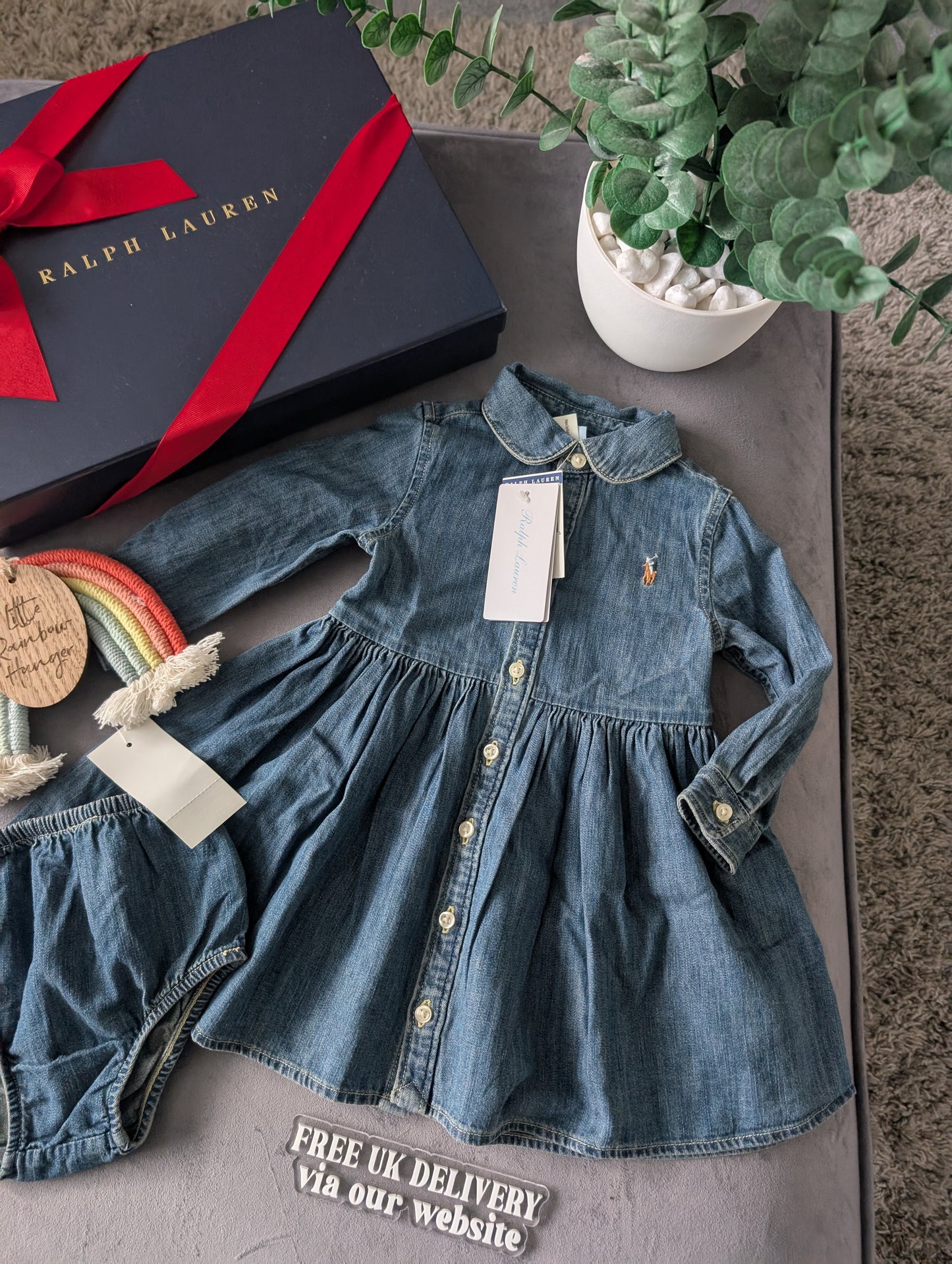 New Ralph Lauren girls denim style shirt dress occasion 6-9m Baby Gift £90