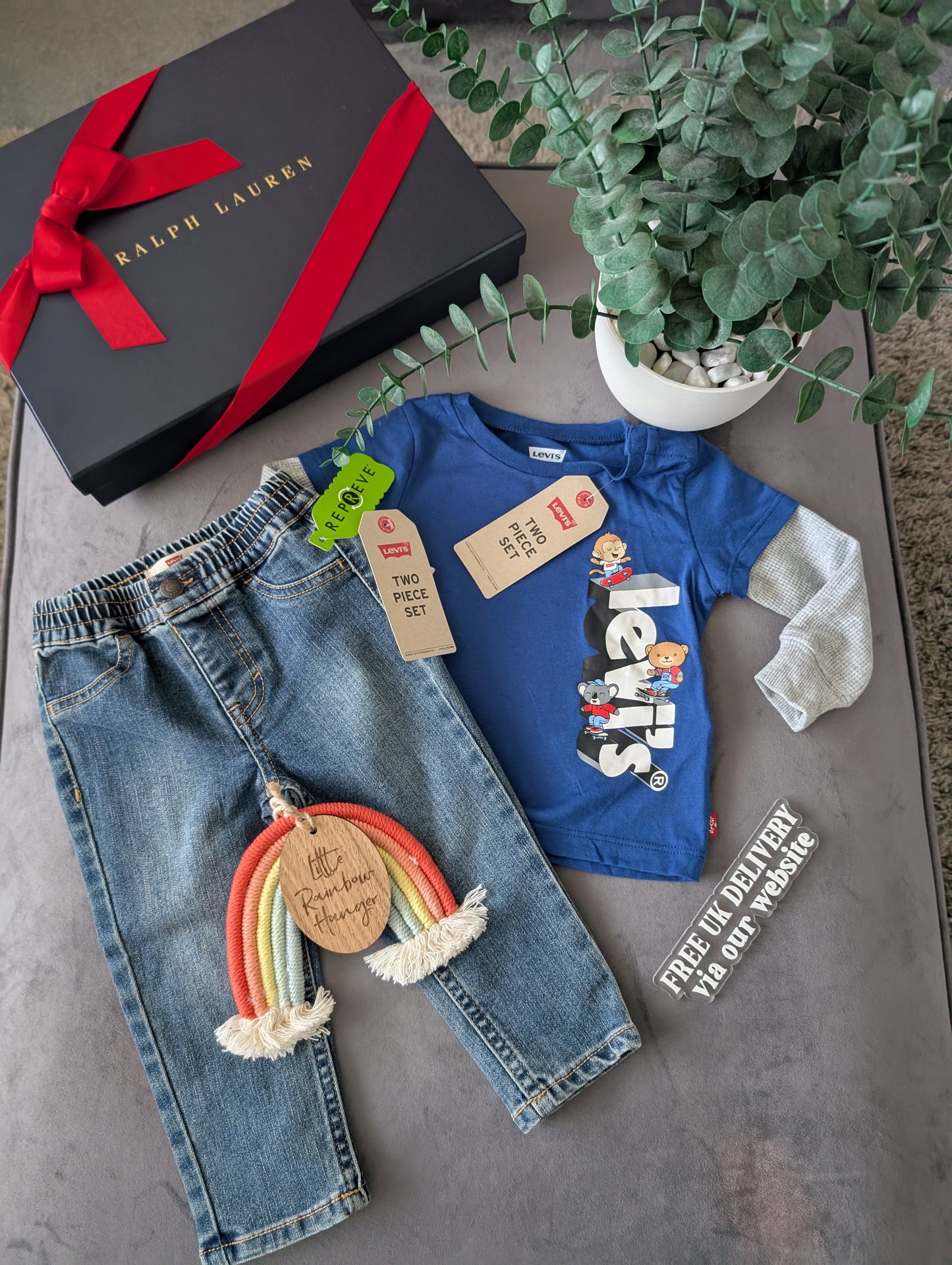 New Levi Baby Denim Pull Up Jeans + T Shirt Outfit Set Gift Smart Casual 6-9m