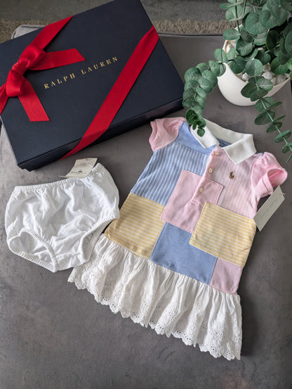 New Ralph Lauren Patchwork Pastel Baby Girls Frill  Polo Dress 3-6m Gift Pink